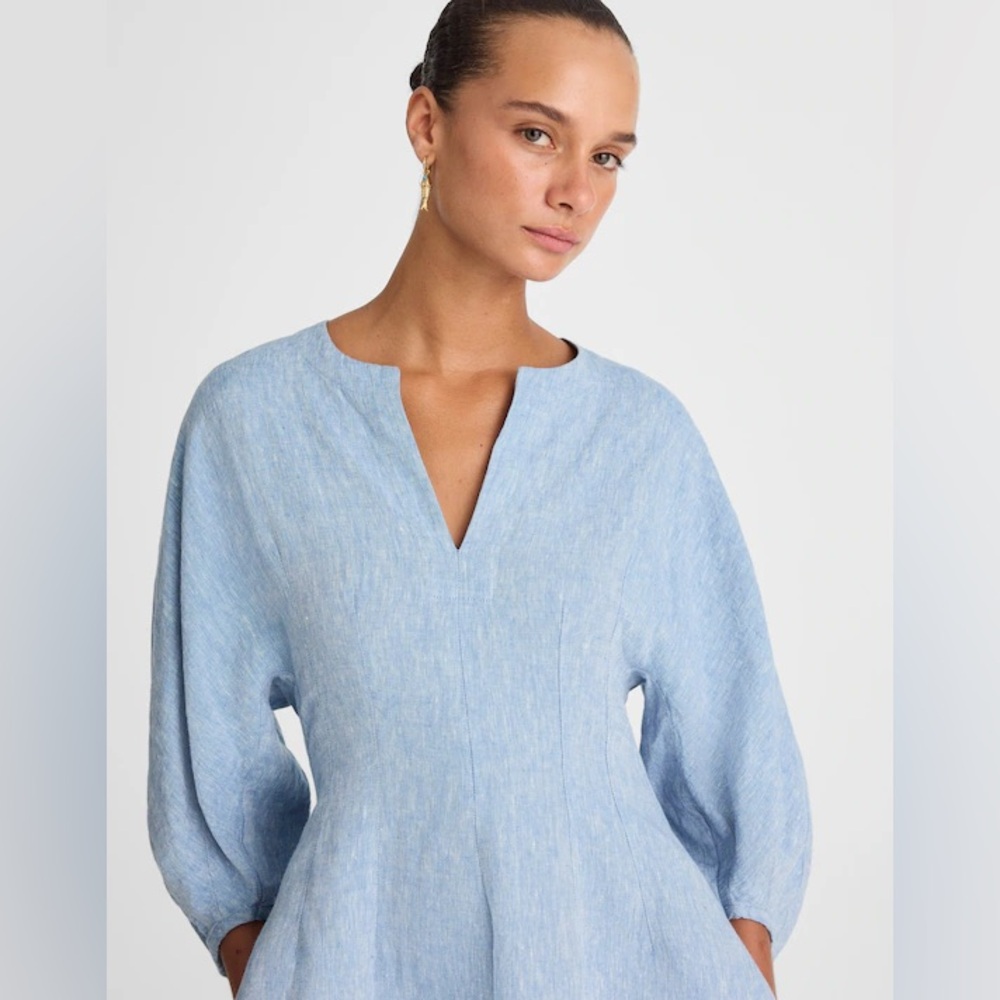 Madewell Splitneck Mini Dress in 100% Linen - Sunfaded Blue - Size 00 - Picture 5 of 15
